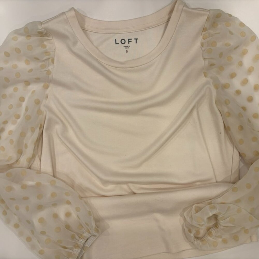 Loft Women's Size SMALL Cream Polka Dot Sheer Sleeve Blouse Knit